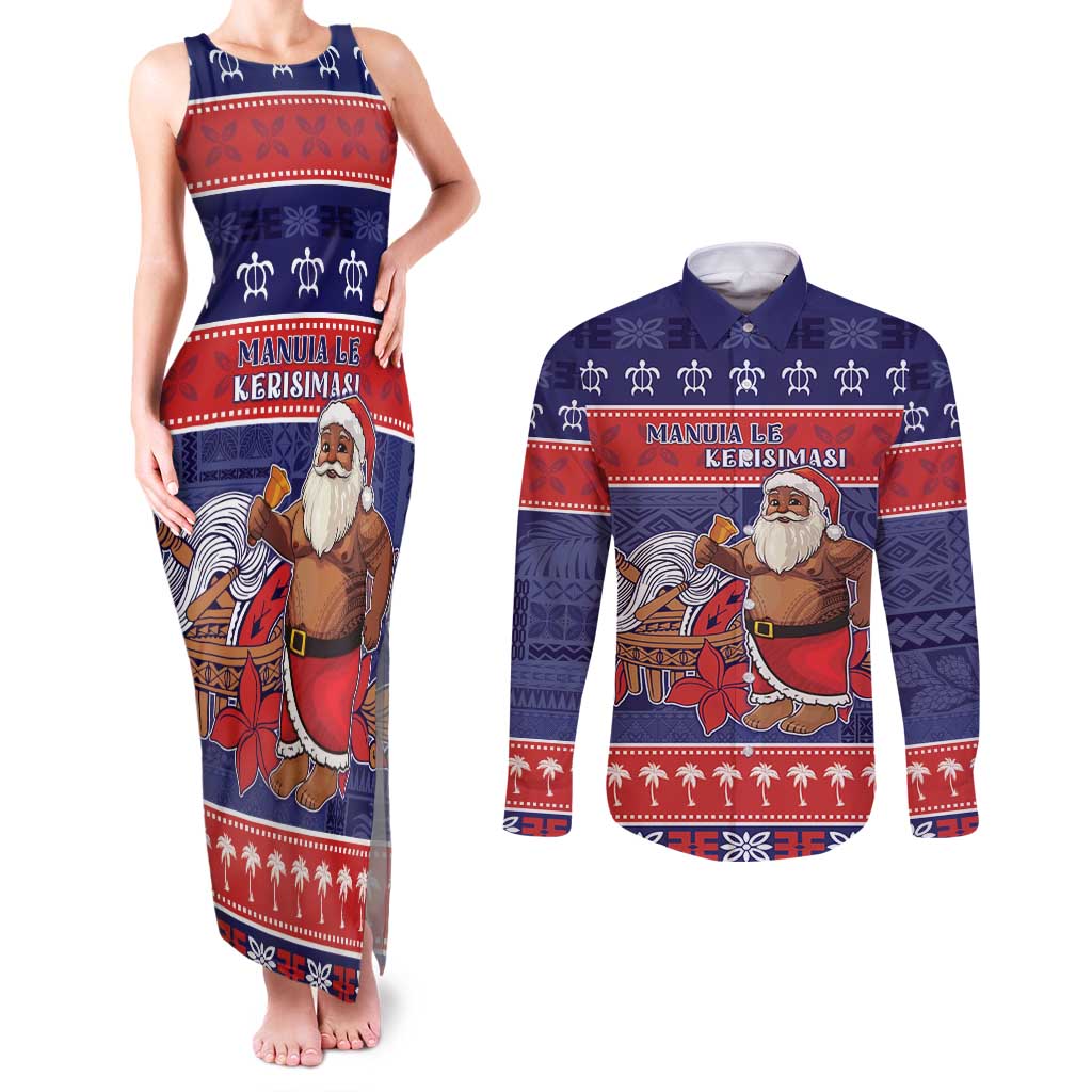 Samoa Christmas Couples Matching Tank Maxi Dress and Long Sleeve Button Shirt Samoan Santa Claus Manuia Le Kerisimasi LT05 Blue - Polynesian Pride