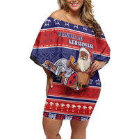 Samoa Christmas Off Shoulder Short Dress Samoan Santa Claus Manuia Le Kerisimasi LT05 Women Blue - Polynesian Pride