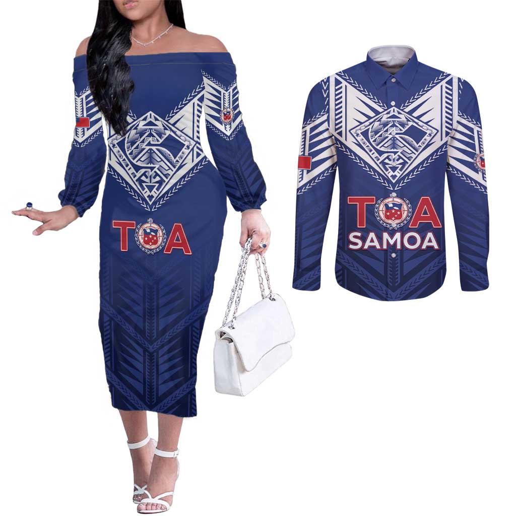 Super Toa Samoa Rugby Custom Couples Matching Off The Shoulder Long Sleeve Dress and Long Sleeve Button Shirt Warrior Spirit LT05
