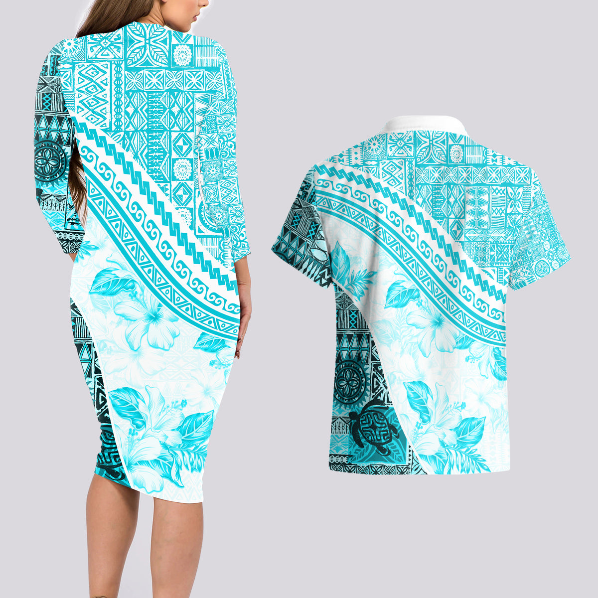 Hawaiian Tapa Couples Matching Long Sleeve Bodycon Dress and Hawaiian Shirt Traditional Vintage Pattern Aqua LT05 - Polynesian Pride