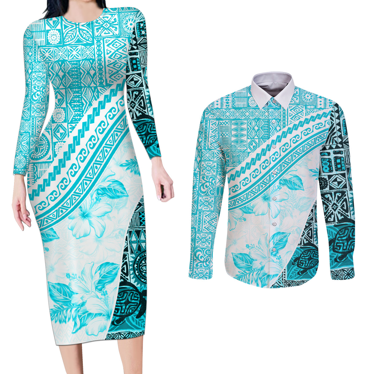 Hawaiian Tapa Couples Matching Long Sleeve Bodycon Dress and Long Sleeve Button Shirt Traditional Vintage Pattern Aqua LT05 Aqua - Polynesian Pride
