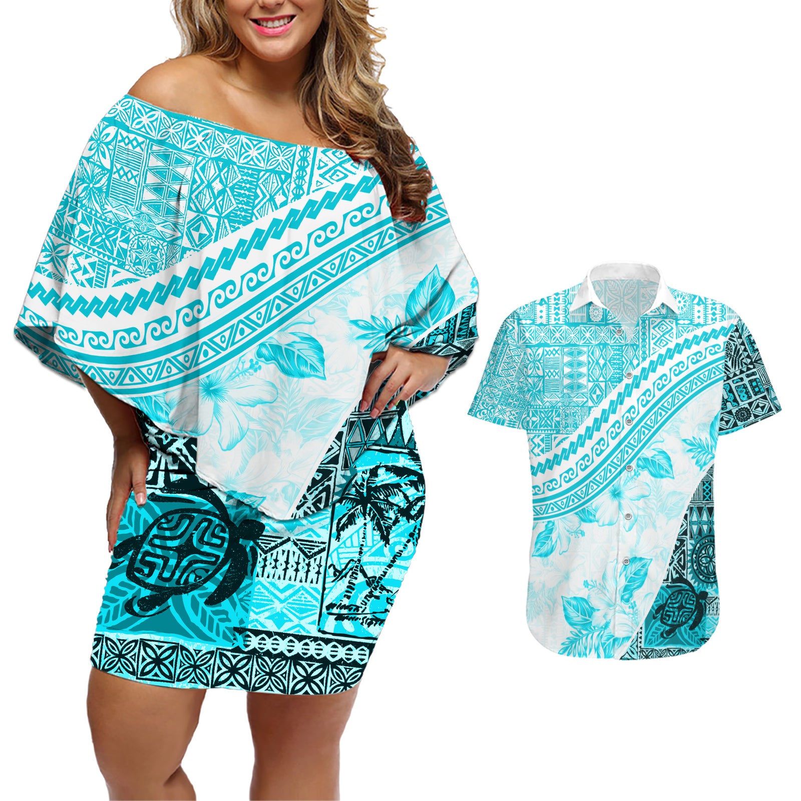 Hawaiian Tapa Couples Matching Off Shoulder Short Dress and Hawaiian Shirt Traditional Vintage Pattern Aqua LT05 Aqua - Polynesian Pride