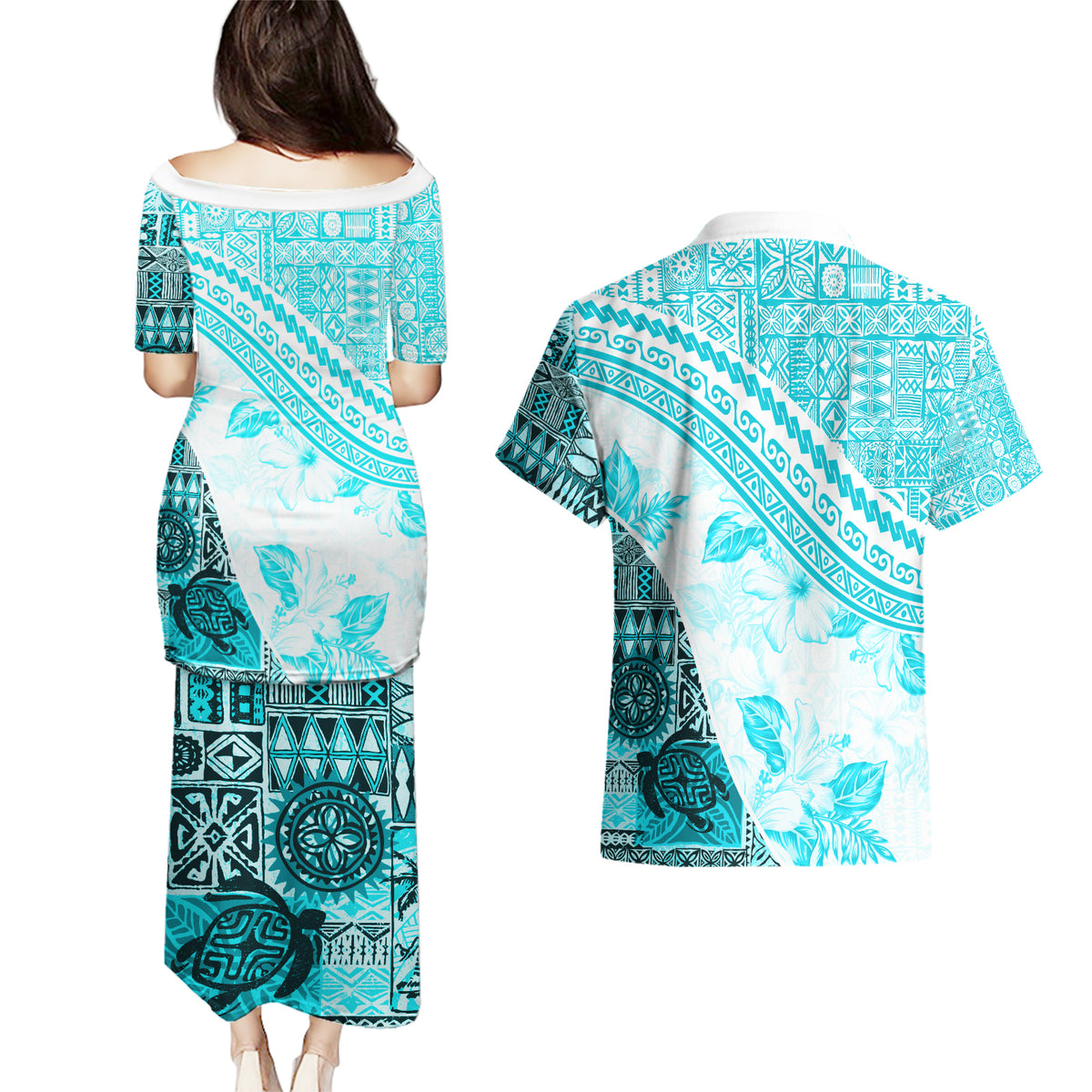 Hawaiian Tapa Couples Matching Puletasi Dress and Hawaiian Shirt Traditional Vintage Pattern Aqua LT05 - Polynesian Pride