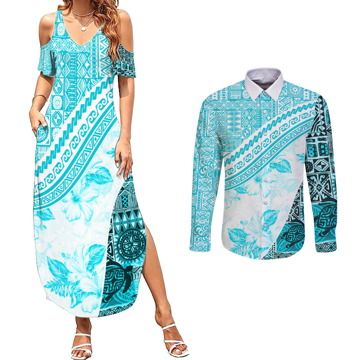 Hawaiian Tapa Couples Matching Summer Maxi Dress and Long Sleeve Button Shirt Traditional Vintage Pattern Aqua LT05 Aqua - Polynesian Pride