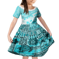 Hawaiian Tapa Family Matching Off Shoulder Long Sleeve Dress and Hawaiian Shirt Traditional Vintage Pattern Aqua LT05 Daughter's Dress Aqua - Polynesian Pride