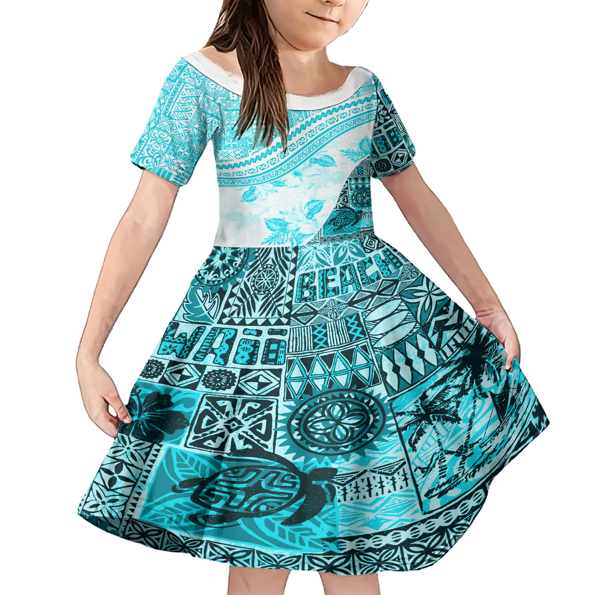 Hawaiian Tapa Family Matching Short Sleeve Bodycon Dress and Hawaiian Shirt Traditional Vintage Pattern Aqua LT05 Daughter's Dress Aqua - Polynesian Pride