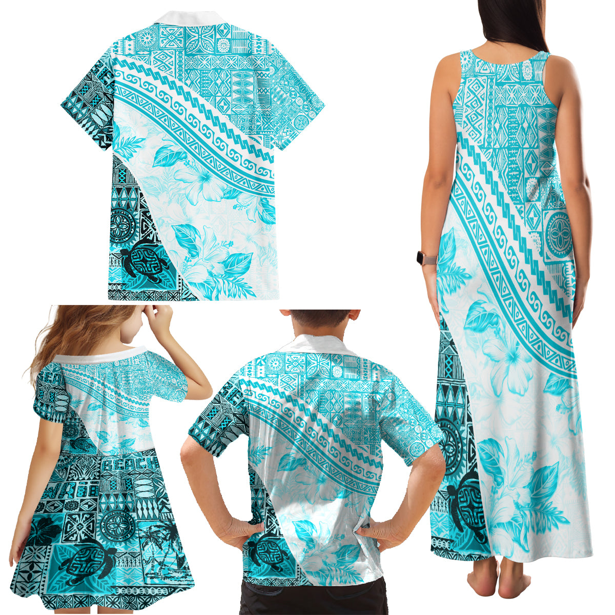 Hawaiian Tapa Family Matching Tank Maxi Dress and Hawaiian Shirt Traditional Vintage Pattern Aqua LT05 - Polynesian Pride