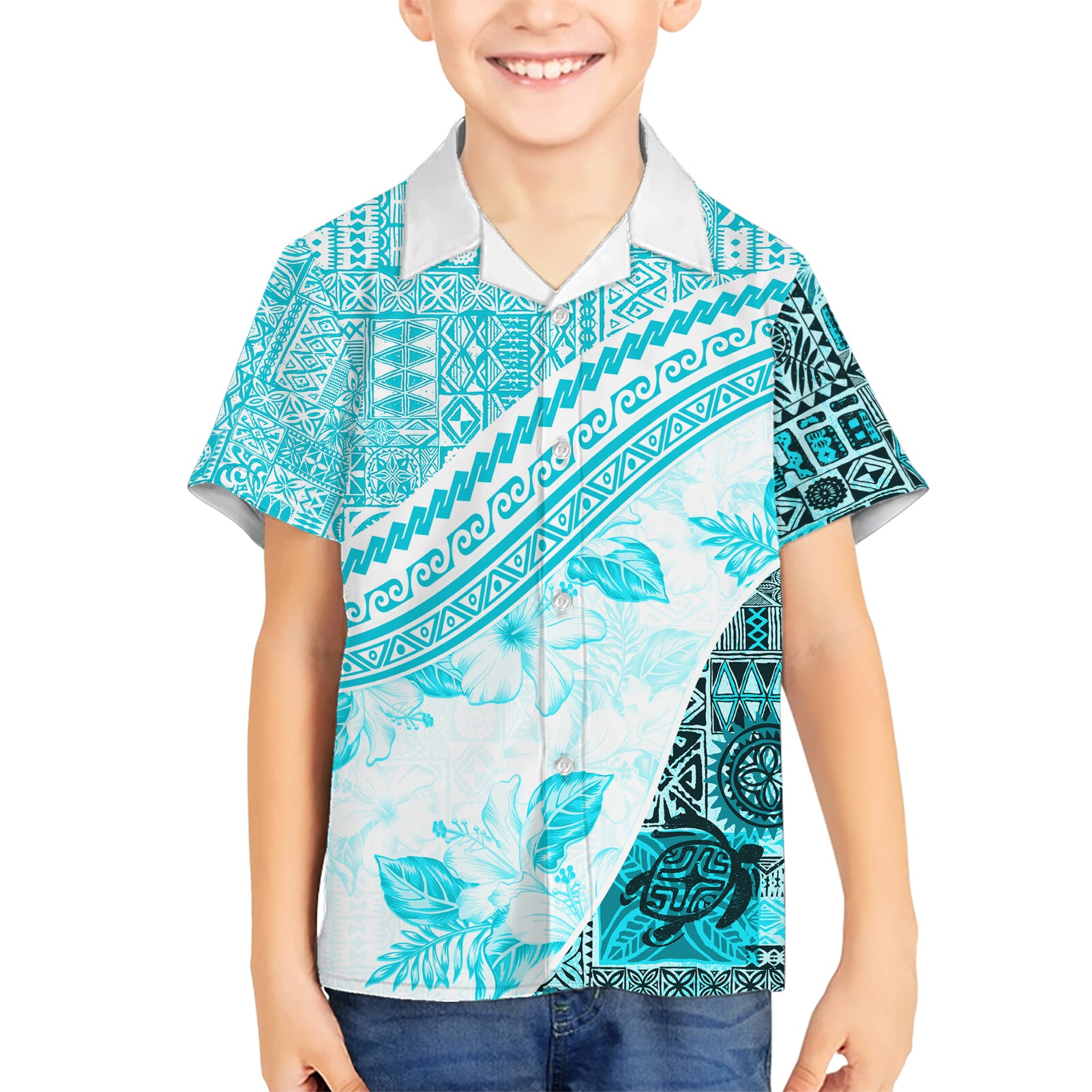 Hawaiian Tapa Kid Hawaiian Shirt Traditional Vintage Pattern Aqua LT05 Kid Aqua - Polynesian Pride