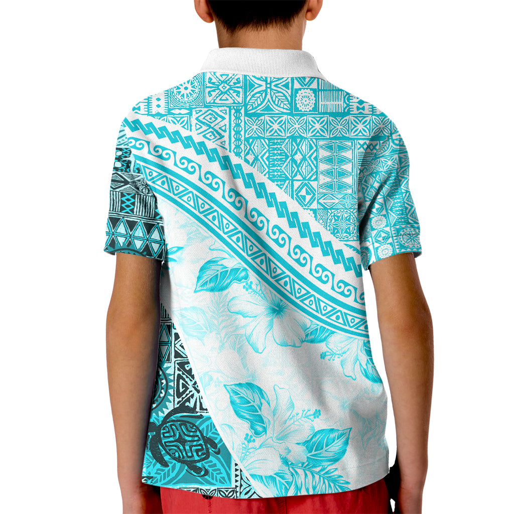 Hawaiian Tapa Kid Polo Shirt Traditional Vintage Pattern Aqua LT05 - Polynesian Pride