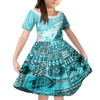 Hawaiian Tapa Kid Short Sleeve Dress Traditional Vintage Pattern Aqua LT05 KID Aqua - Polynesian Pride
