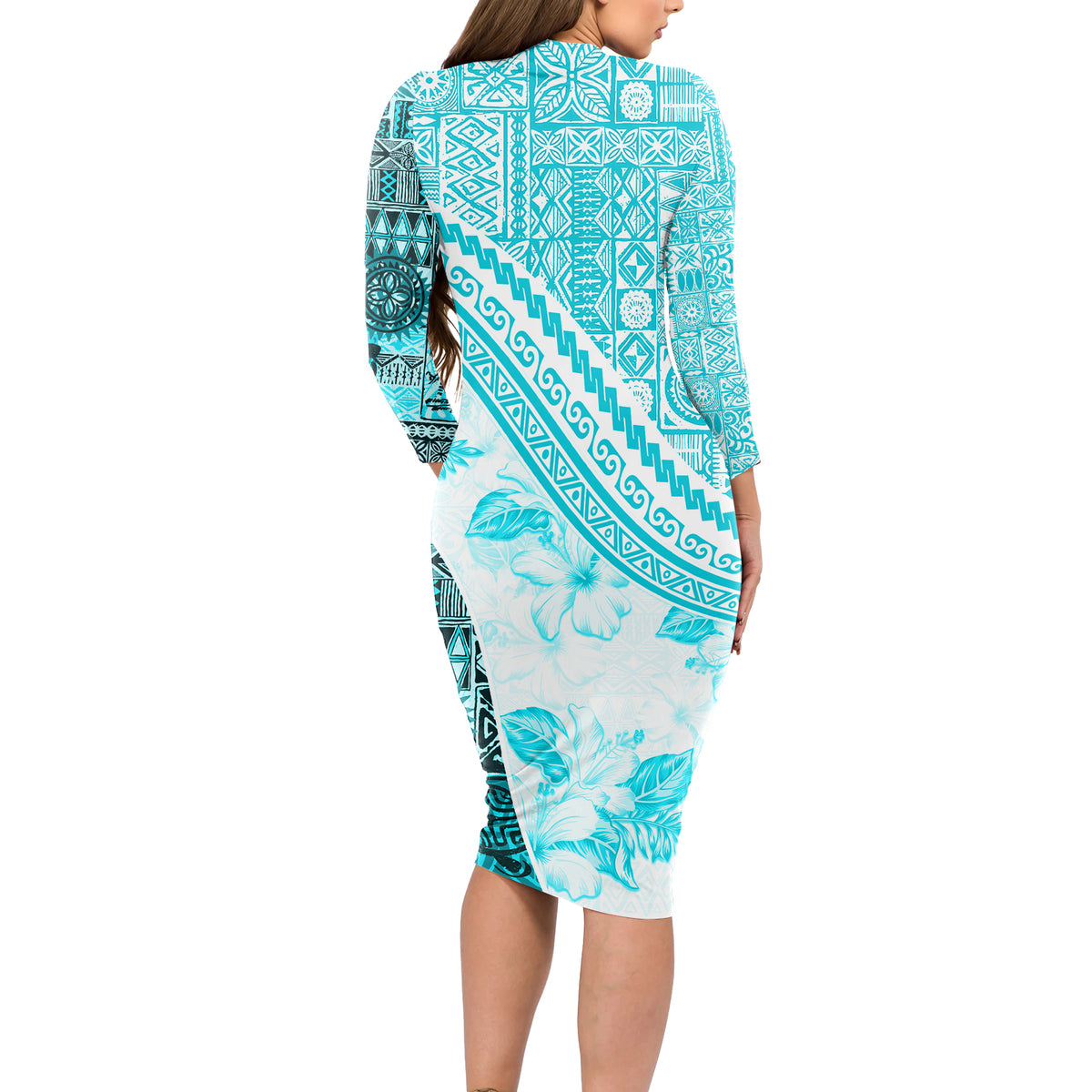 Hawaiian Tapa Long Sleeve Bodycon Dress Traditional Vintage Pattern Aqua LT05 - Polynesian Pride