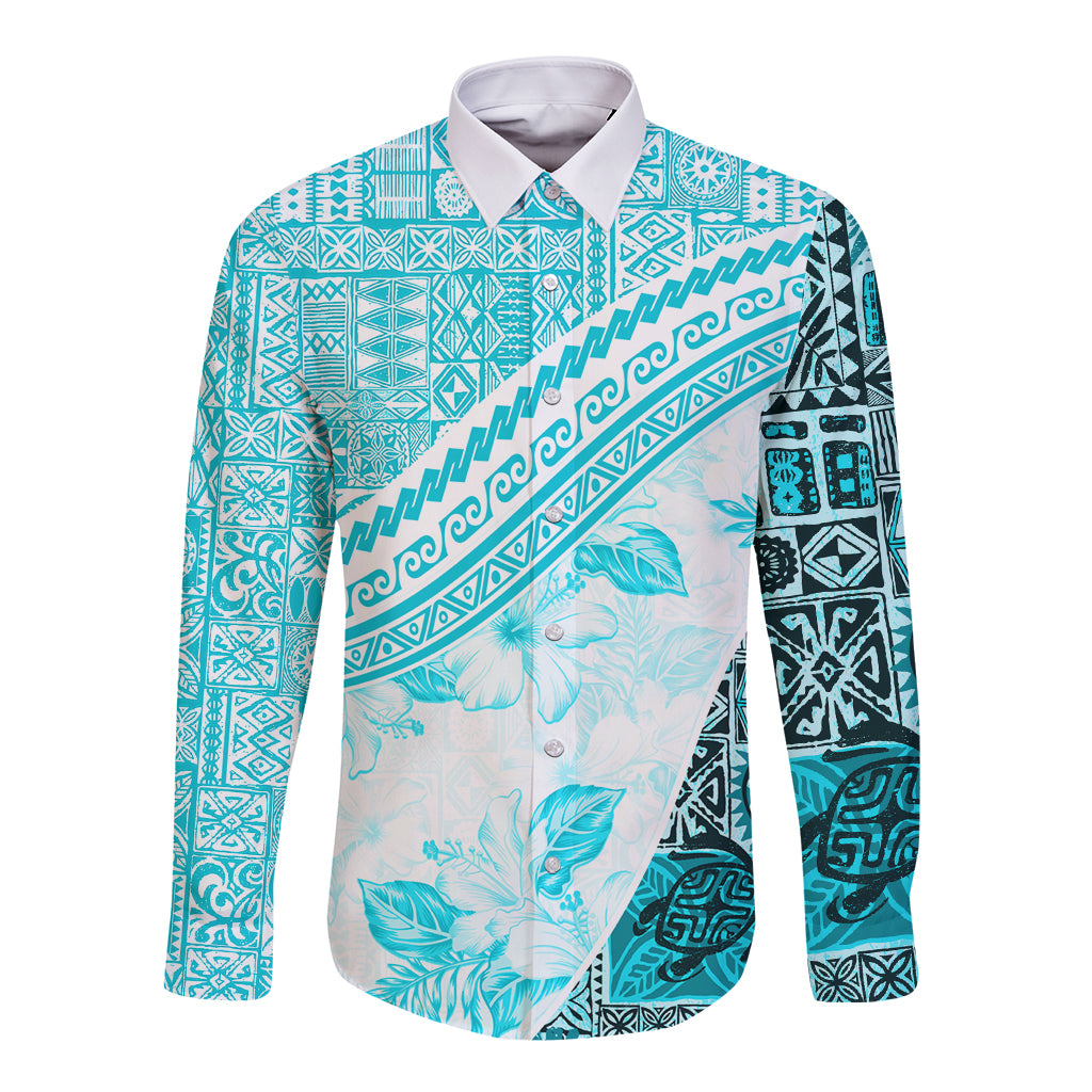 Hawaiian Tapa Long Sleeve Button Shirt Traditional Vintage Pattern Aqua LT05 Unisex Aqua - Polynesian Pride