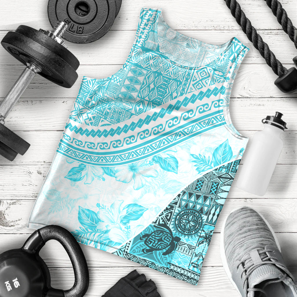 Hawaiian Tapa Men Tank Top Traditional Vintage Pattern Aqua LT05 - Polynesian Pride