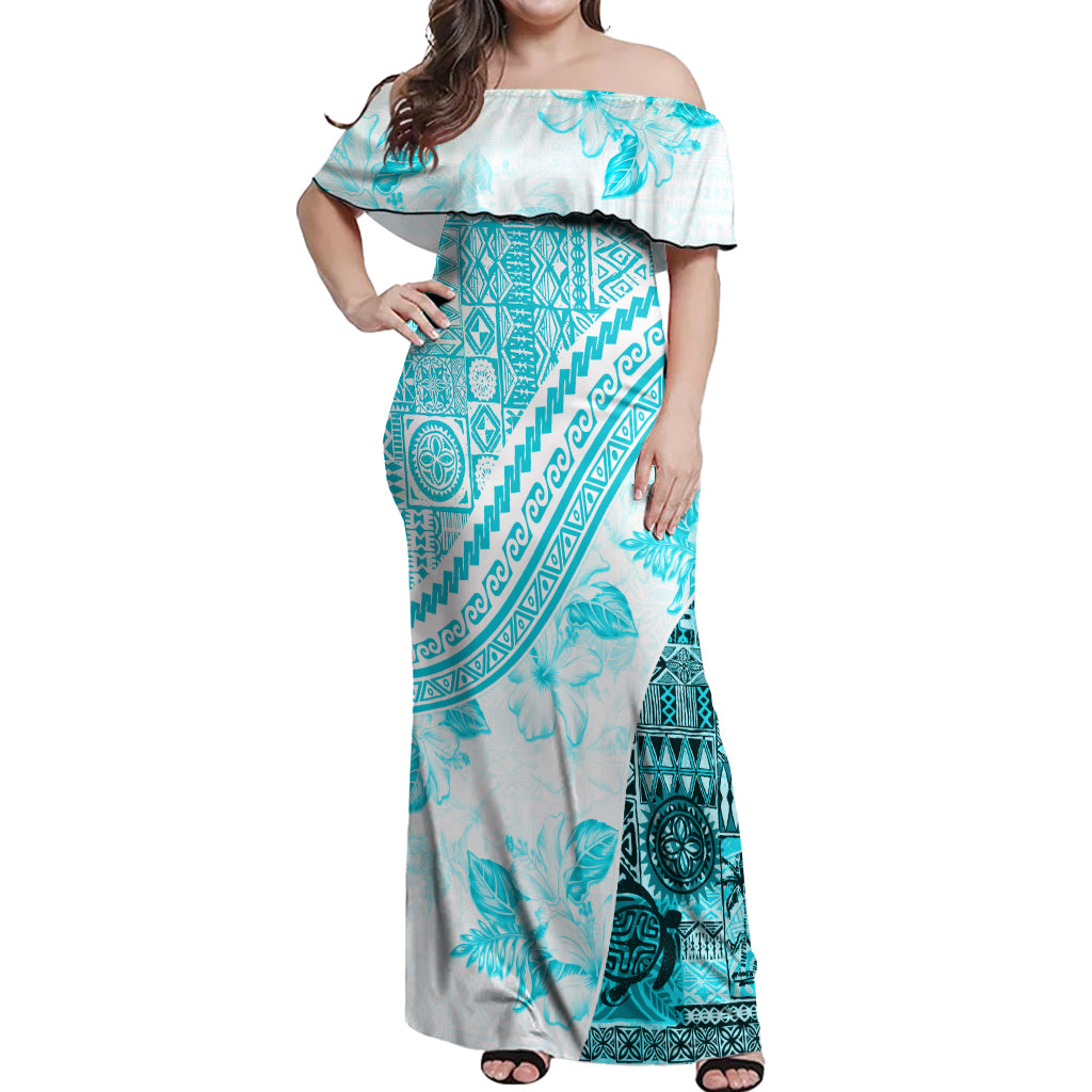 Hawaiian Tapa Off Shoulder Maxi Dress Traditional Vintage Pattern Aqua LT05 Women Aqua - Polynesian Pride