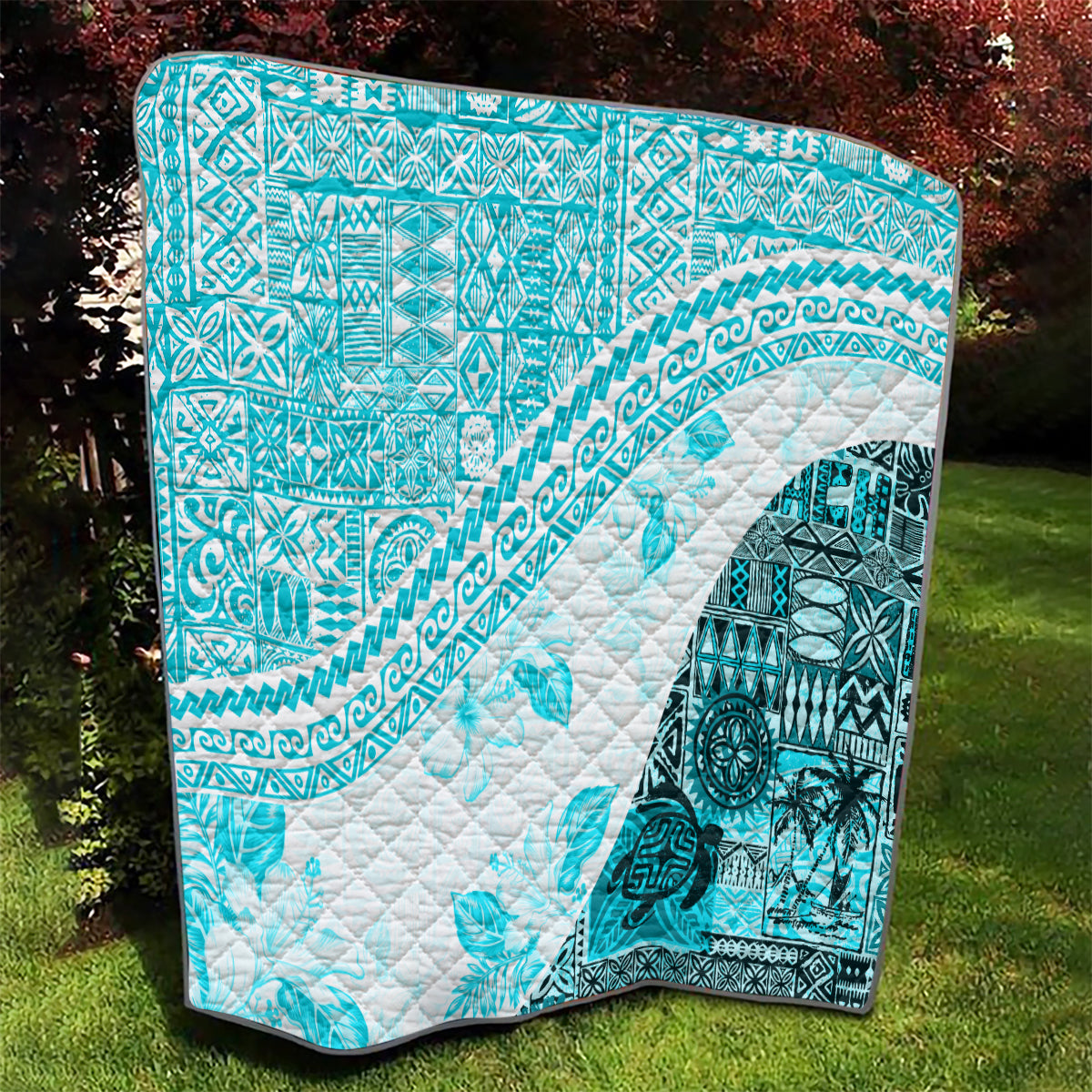 Hawaiian Tapa Quilt Traditional Vintage Pattern Aqua LT05 - Polynesian Pride