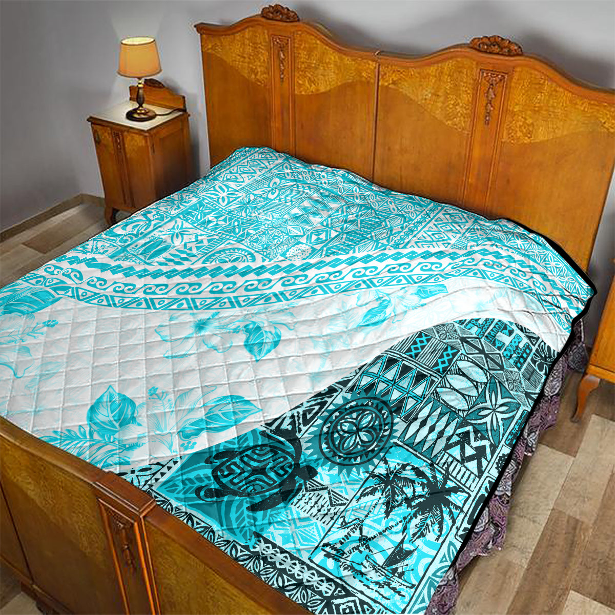 Hawaiian Tapa Quilt Traditional Vintage Pattern Aqua LT05 - Polynesian Pride