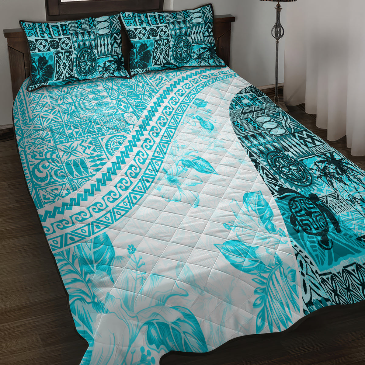 Hawaiian Tapa Quilt Bed Set Traditional Vintage Pattern Aqua LT05 - Polynesian Pride