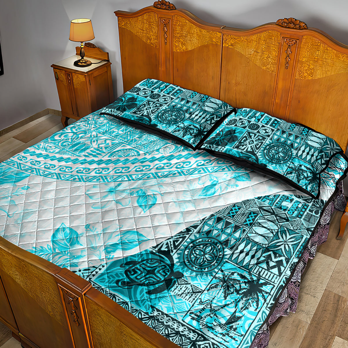 Hawaiian Tapa Quilt Bed Set Traditional Vintage Pattern Aqua LT05 - Polynesian Pride