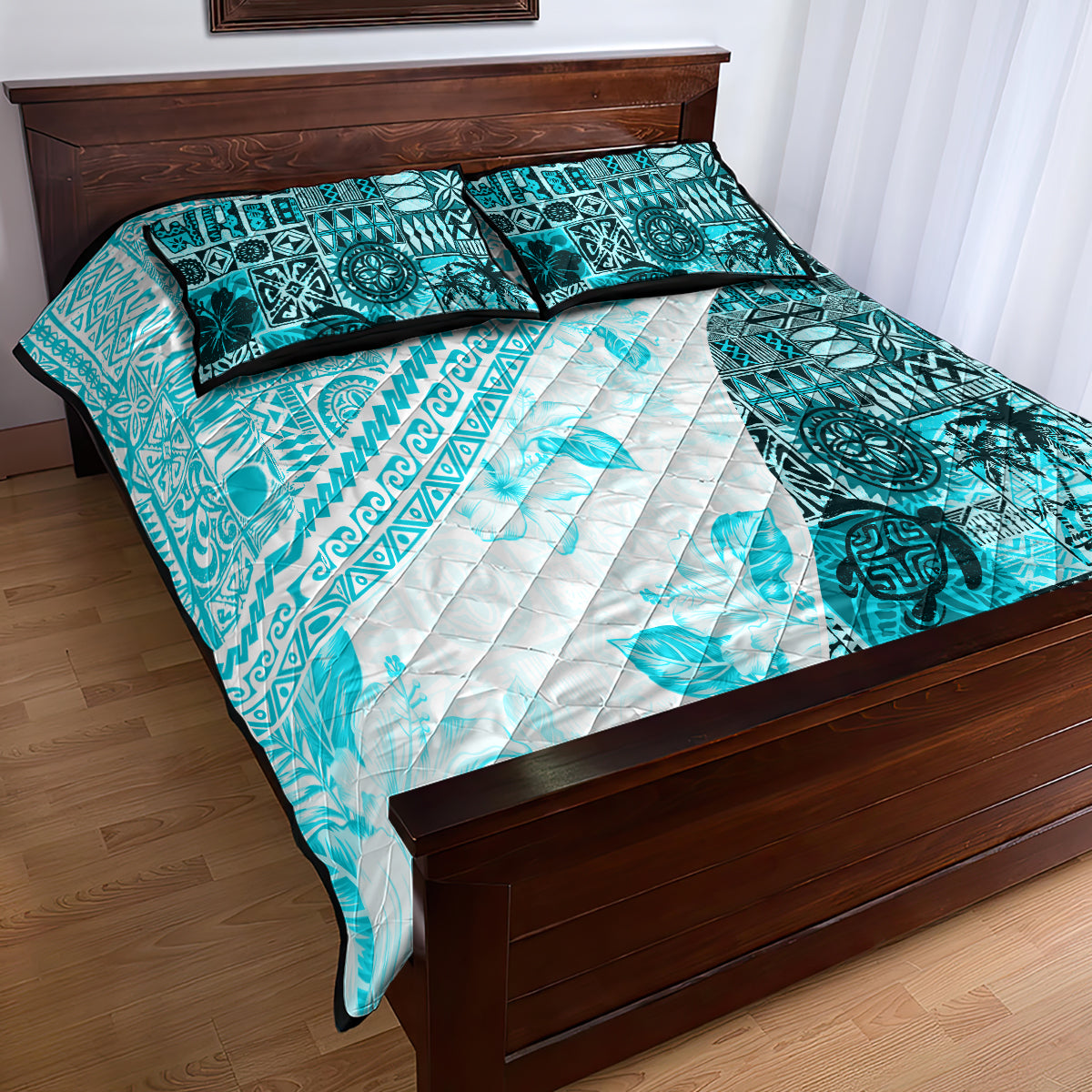 Hawaiian Tapa Quilt Bed Set Traditional Vintage Pattern Aqua LT05 - Polynesian Pride