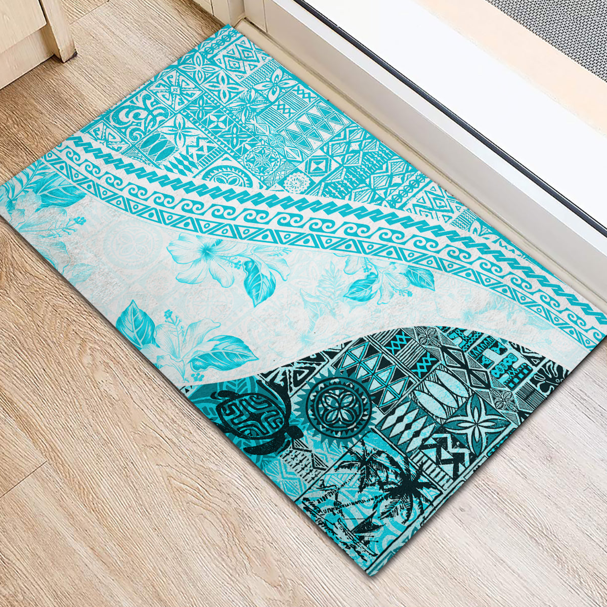 Hawaiian Tapa Rubber Doormat Traditional Vintage Pattern Aqua LT05 - Polynesian Pride
