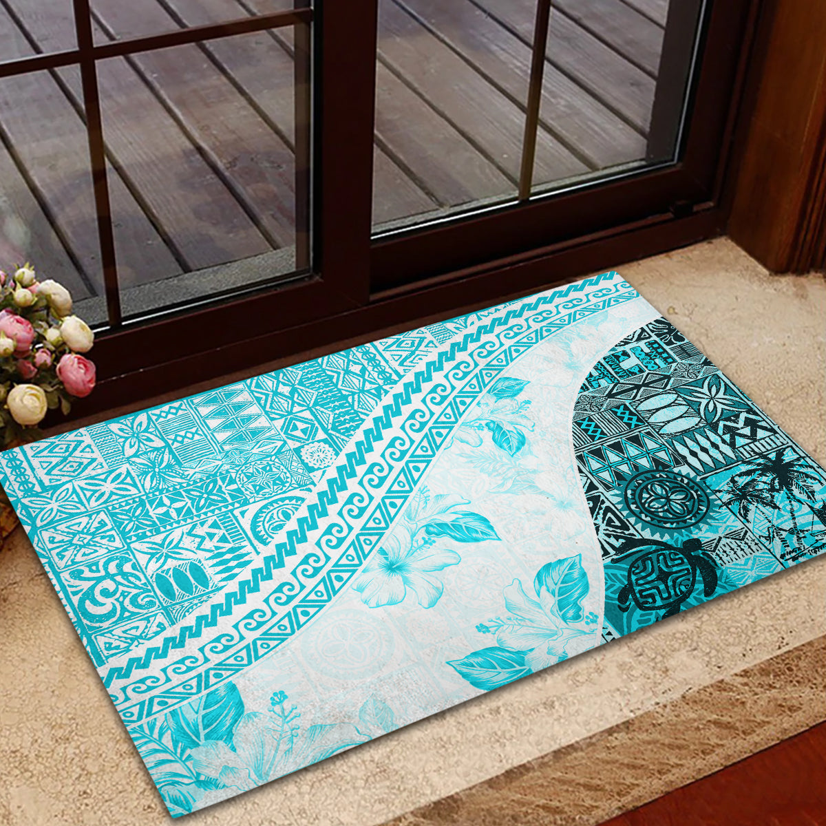 Hawaiian Tapa Rubber Doormat Traditional Vintage Pattern Aqua LT05 - Polynesian Pride