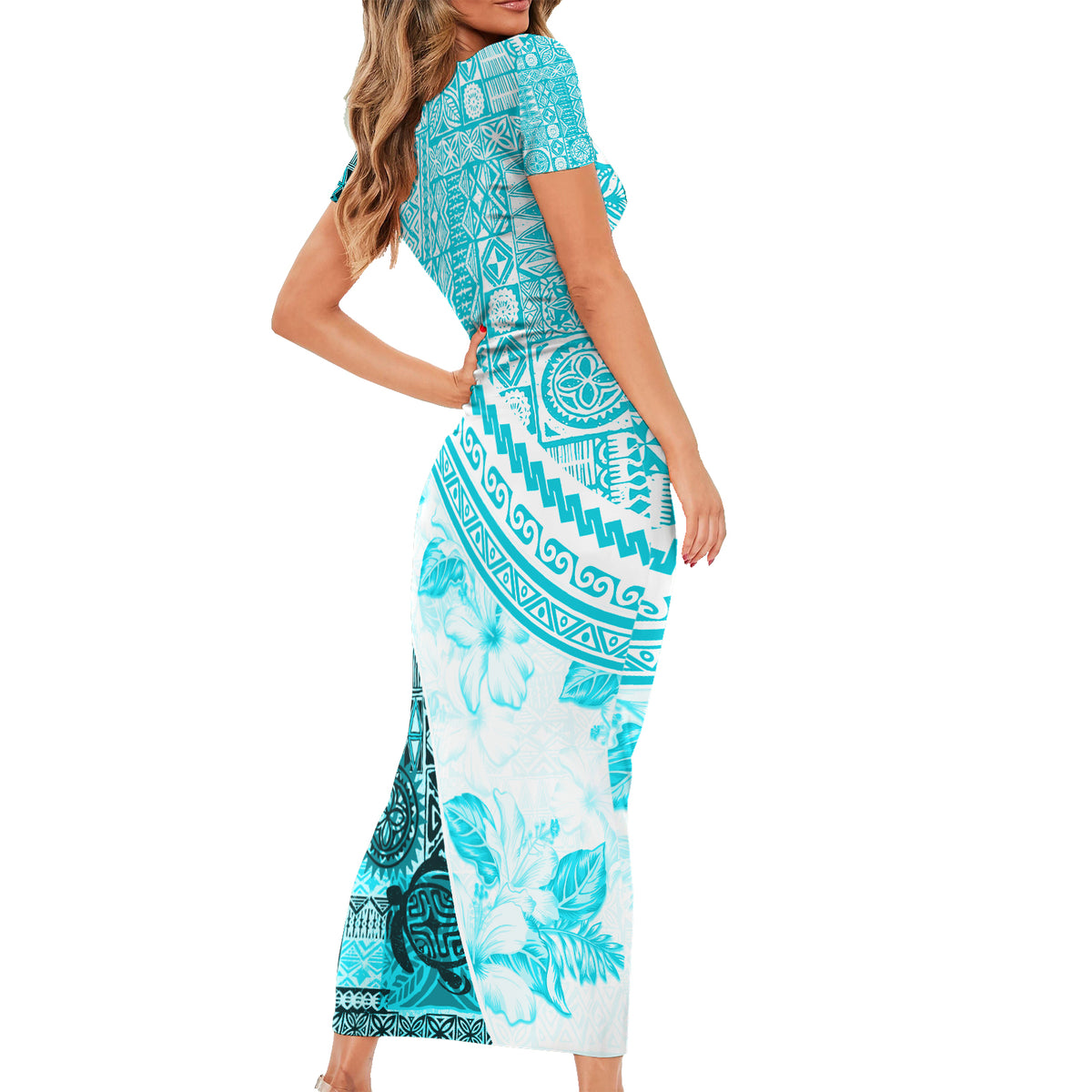 Hawaiian Tapa Short Sleeve Bodycon Dress Traditional Vintage Pattern Aqua LT05 - Polynesian Pride