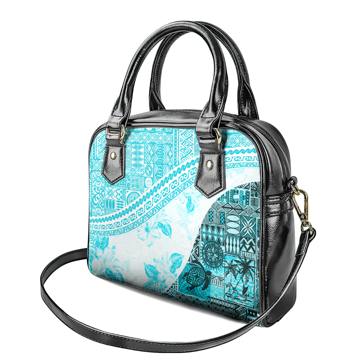 Hawaiian Tapa Shoulder Handbag Traditional Vintage Pattern Aqua LT05 - Polynesian Pride