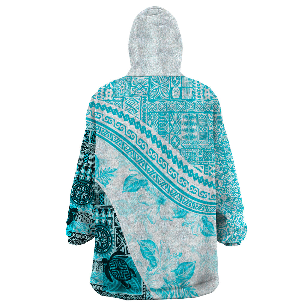 Hawaiian Tapa Wearable Blanket Hoodie Traditional Vintage Pattern Aqua LT05 - Polynesian Pride
