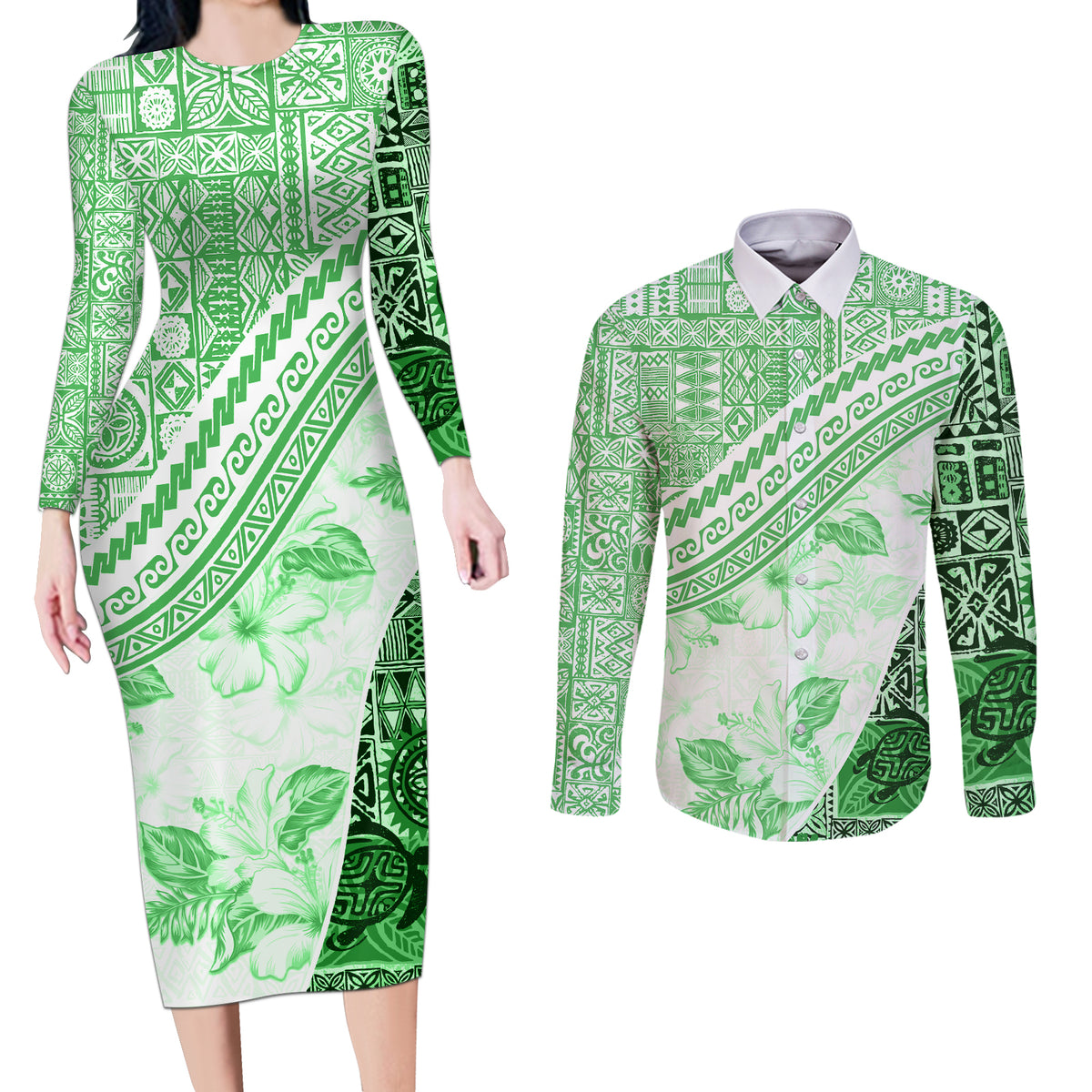 Hawaiian Tapa Couples Matching Long Sleeve Bodycon Dress and Long Sleeve Button Shirt Traditional Vintage Pattern Green LT05 Green - Polynesian Pride