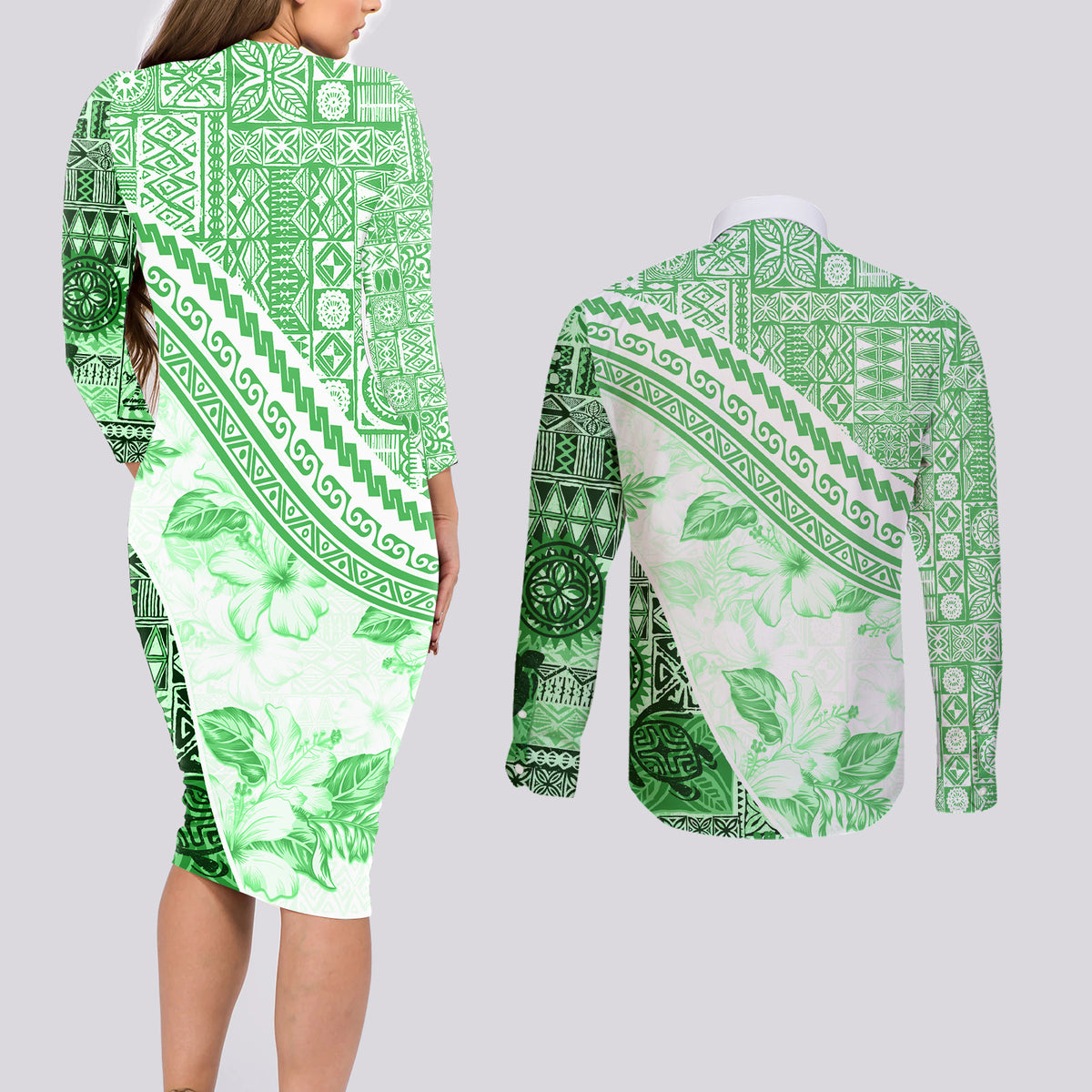 Hawaiian Tapa Couples Matching Long Sleeve Bodycon Dress and Long Sleeve Button Shirt Traditional Vintage Pattern Green LT05 - Polynesian Pride