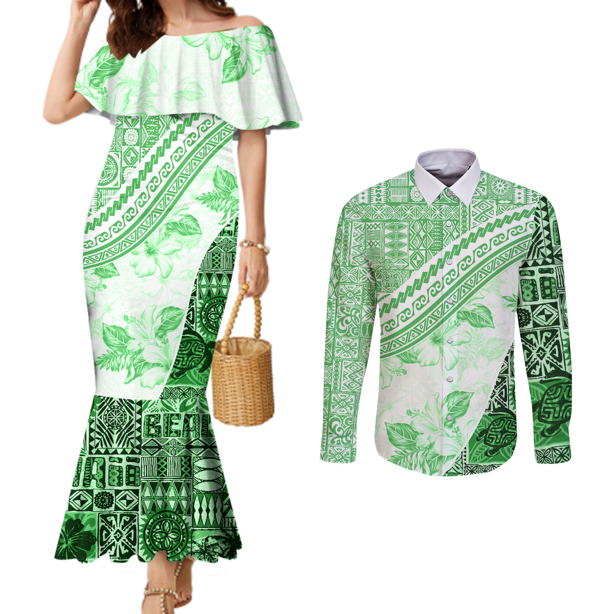 Hawaiian Tapa Couples Matching Mermaid Dress and Long Sleeve Button Shirt Traditional Vintage Pattern Green LT05 Green - Polynesian Pride