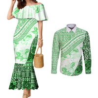 Hawaiian Tapa Couples Matching Mermaid Dress and Long Sleeve Button Shirt Traditional Vintage Pattern Green LT05 Green - Polynesian Pride