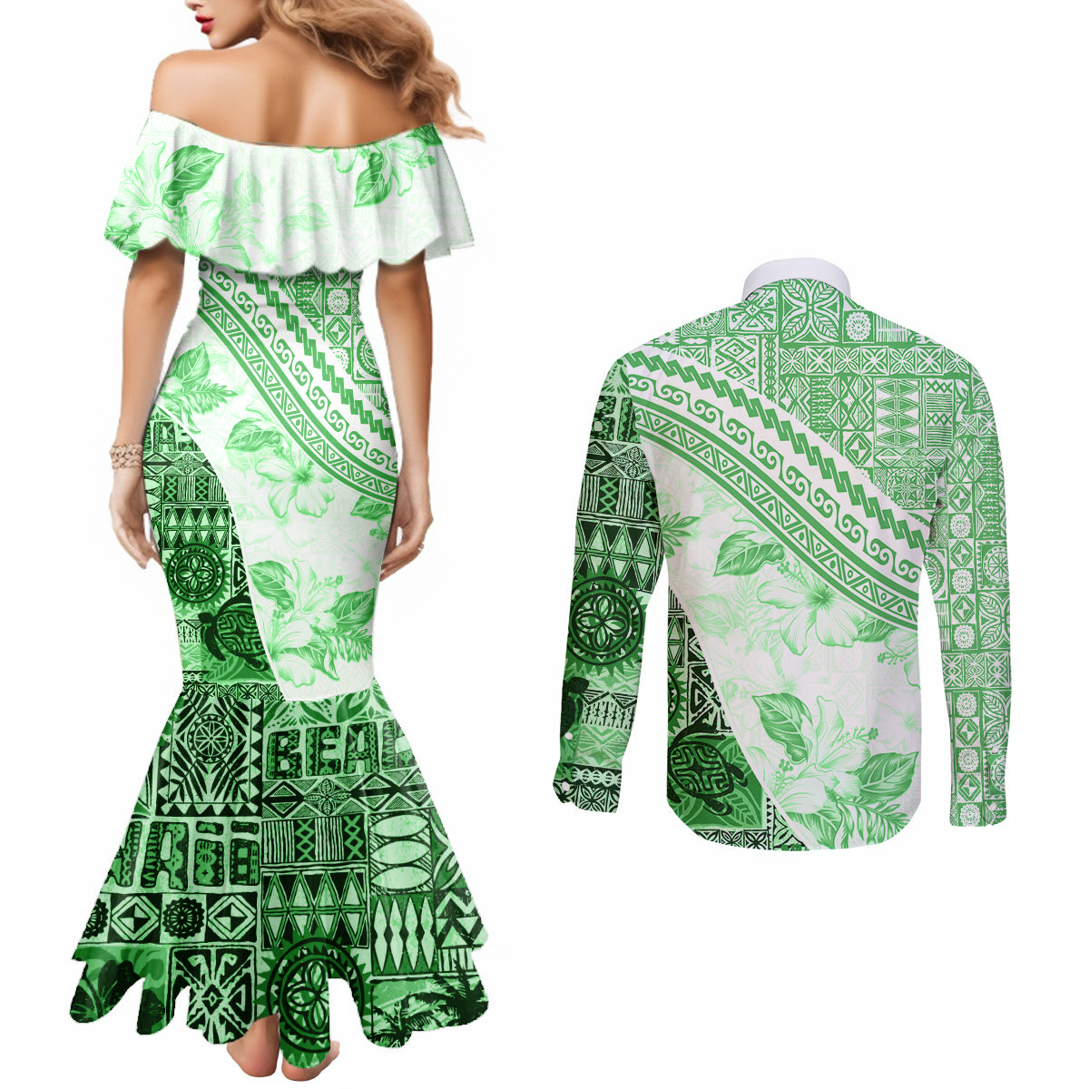 Hawaiian Tapa Couples Matching Mermaid Dress and Long Sleeve Button Shirt Traditional Vintage Pattern Green LT05 - Polynesian Pride
