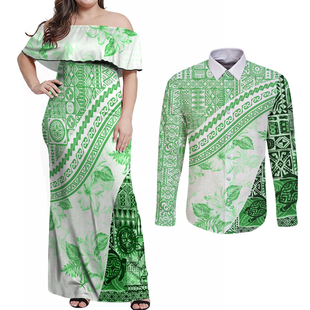 Hawaiian Tapa Couples Matching Off Shoulder Maxi Dress and Long Sleeve Button Shirt Traditional Vintage Pattern Green LT05 Green - Polynesian Pride