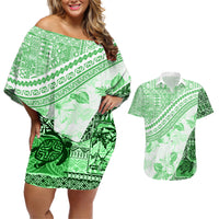 Hawaiian Tapa Couples Matching Off Shoulder Short Dress and Hawaiian Shirt Traditional Vintage Pattern Green LT05 Green - Polynesian Pride