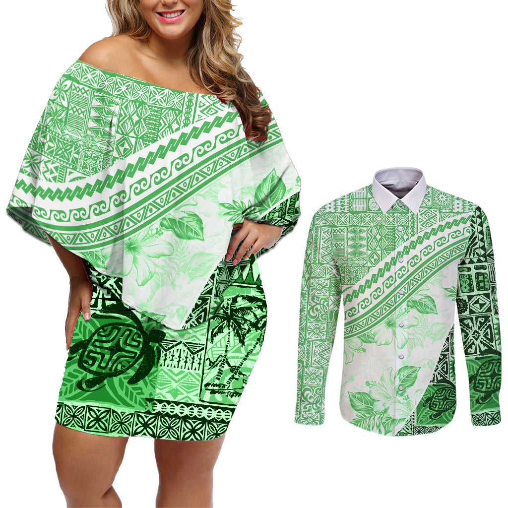 Hawaiian Tapa Couples Matching Off Shoulder Short Dress and Long Sleeve Button Shirt Traditional Vintage Pattern Green LT05 Green - Polynesian Pride