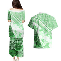 Hawaiian Tapa Couples Matching Puletasi Dress and Hawaiian Shirt Traditional Vintage Pattern Green LT05 - Polynesian Pride