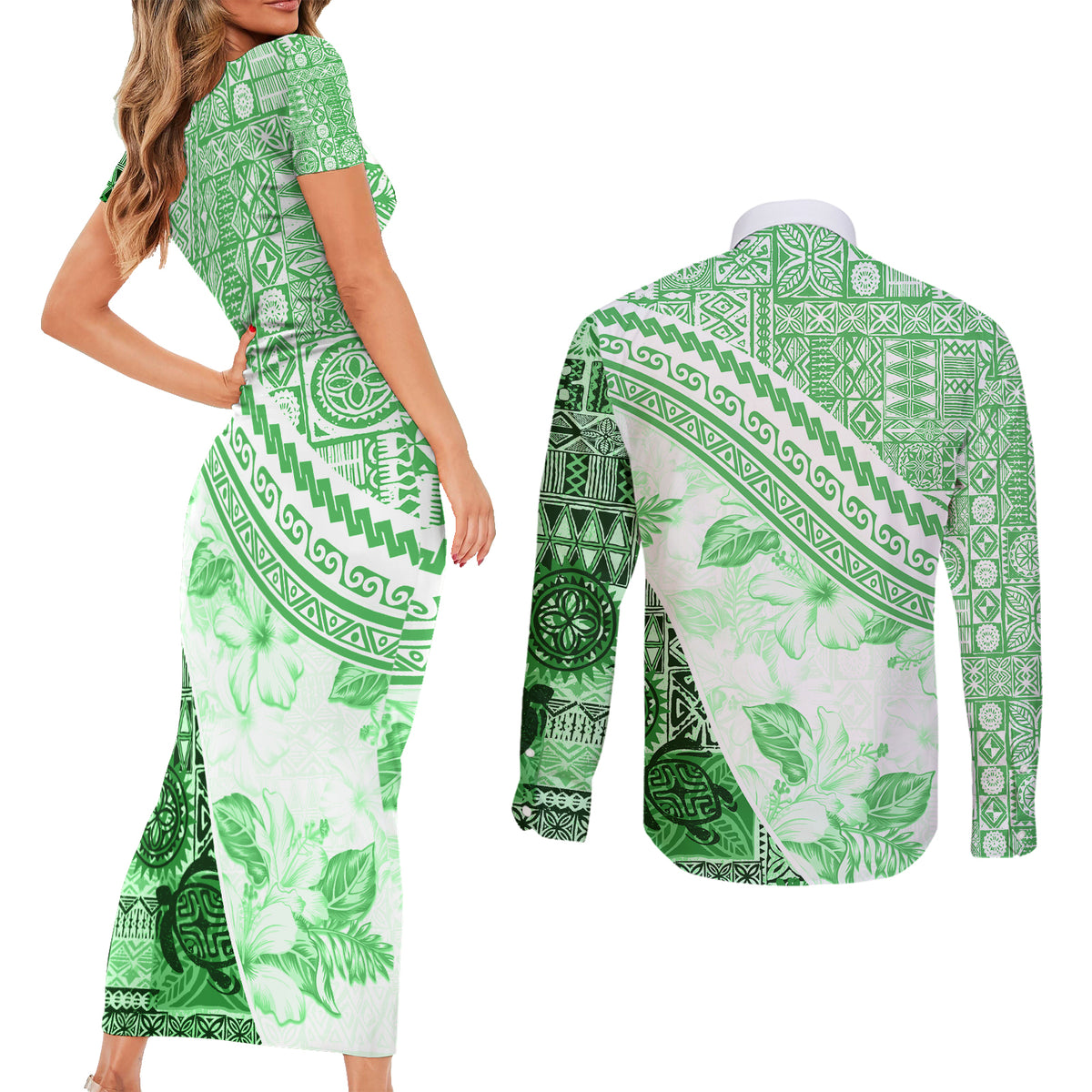 Hawaiian Tapa Couples Matching Short Sleeve Bodycon Dress and Long Sleeve Button Shirt Traditional Vintage Pattern Green LT05 - Polynesian Pride