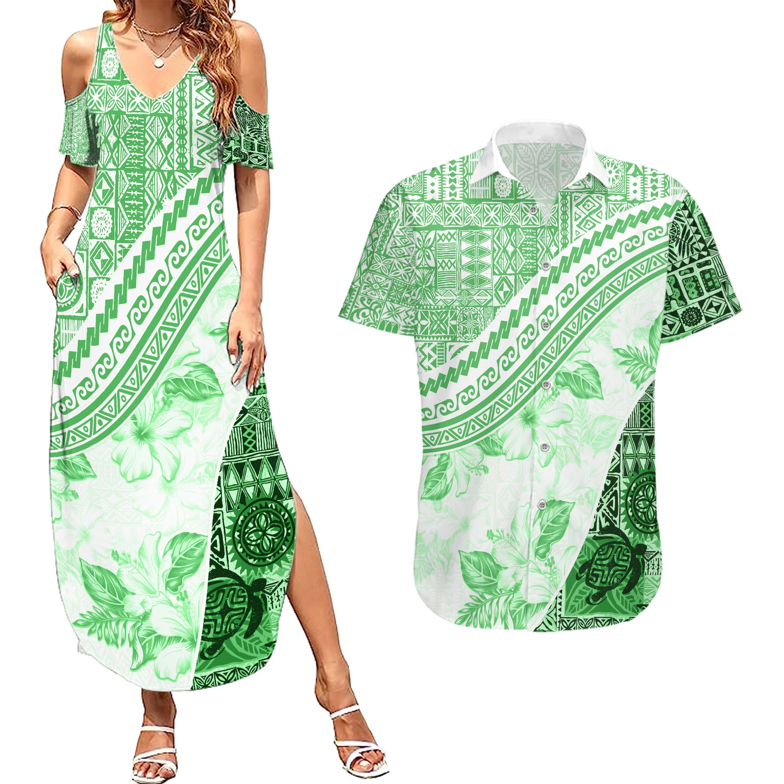 Hawaiian Tapa Couples Matching Summer Maxi Dress and Hawaiian Shirt Traditional Vintage Pattern Green LT05 Green - Polynesian Pride