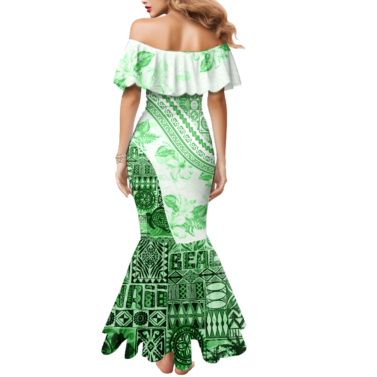 Hawaiian Tapa Family Matching Mermaid Dress and Hawaiian Shirt Traditional Vintage Pattern Green LT05 - Polynesian Pride