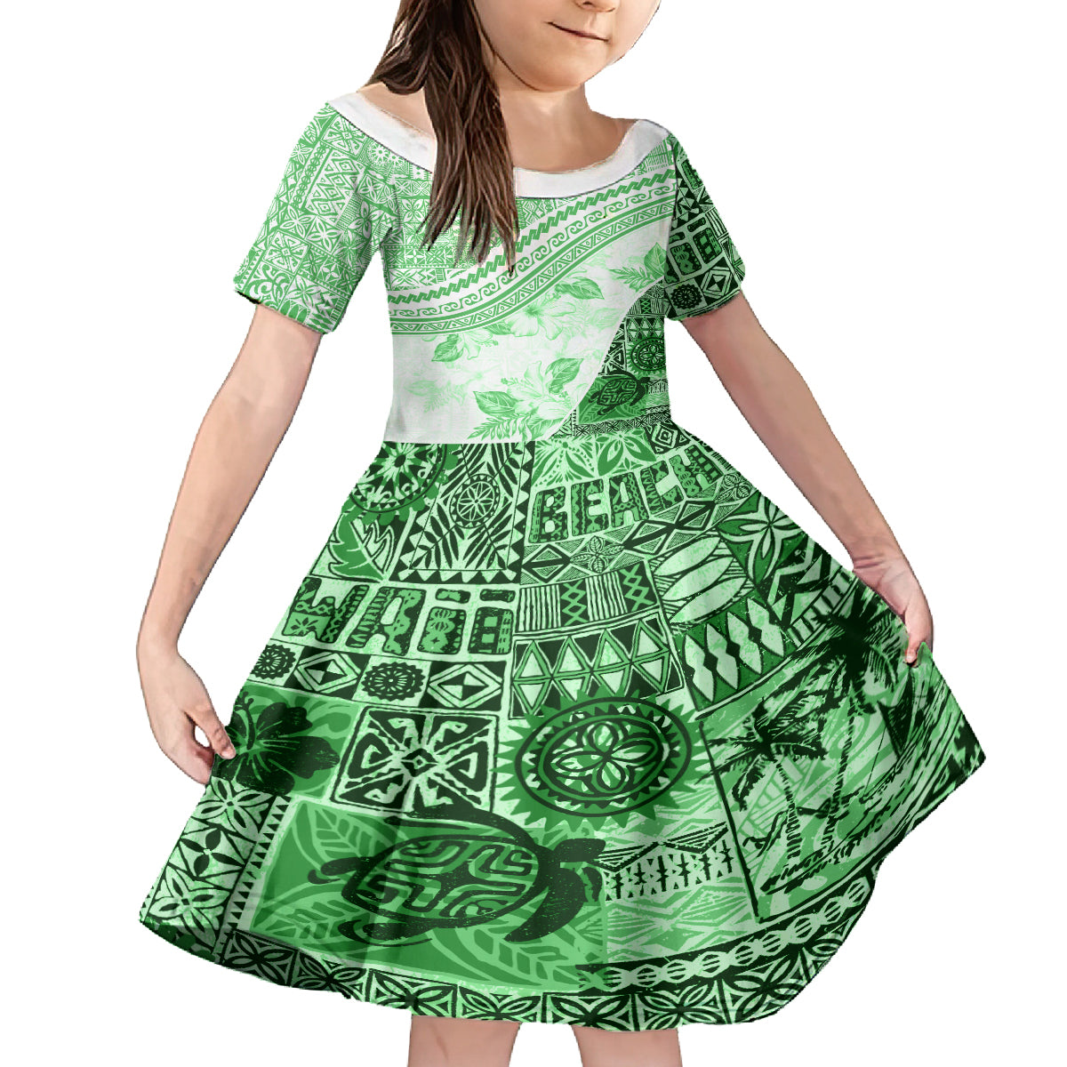 Hawaiian Tapa Family Matching Off Shoulder Short Dress and Hawaiian Shirt Traditional Vintage Pattern Green LT05 Daughter's Dress Green - Polynesian Pride