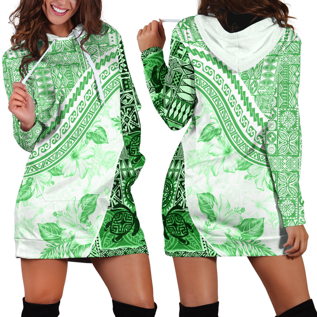Hawaiian Tapa Hoodie Dress Traditional Vintage Pattern Green LT05 - Polynesian Pride