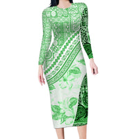 Hawaiian Tapa Long Sleeve Bodycon Dress Traditional Vintage Pattern Green LT05 Long Dress Green - Polynesian Pride