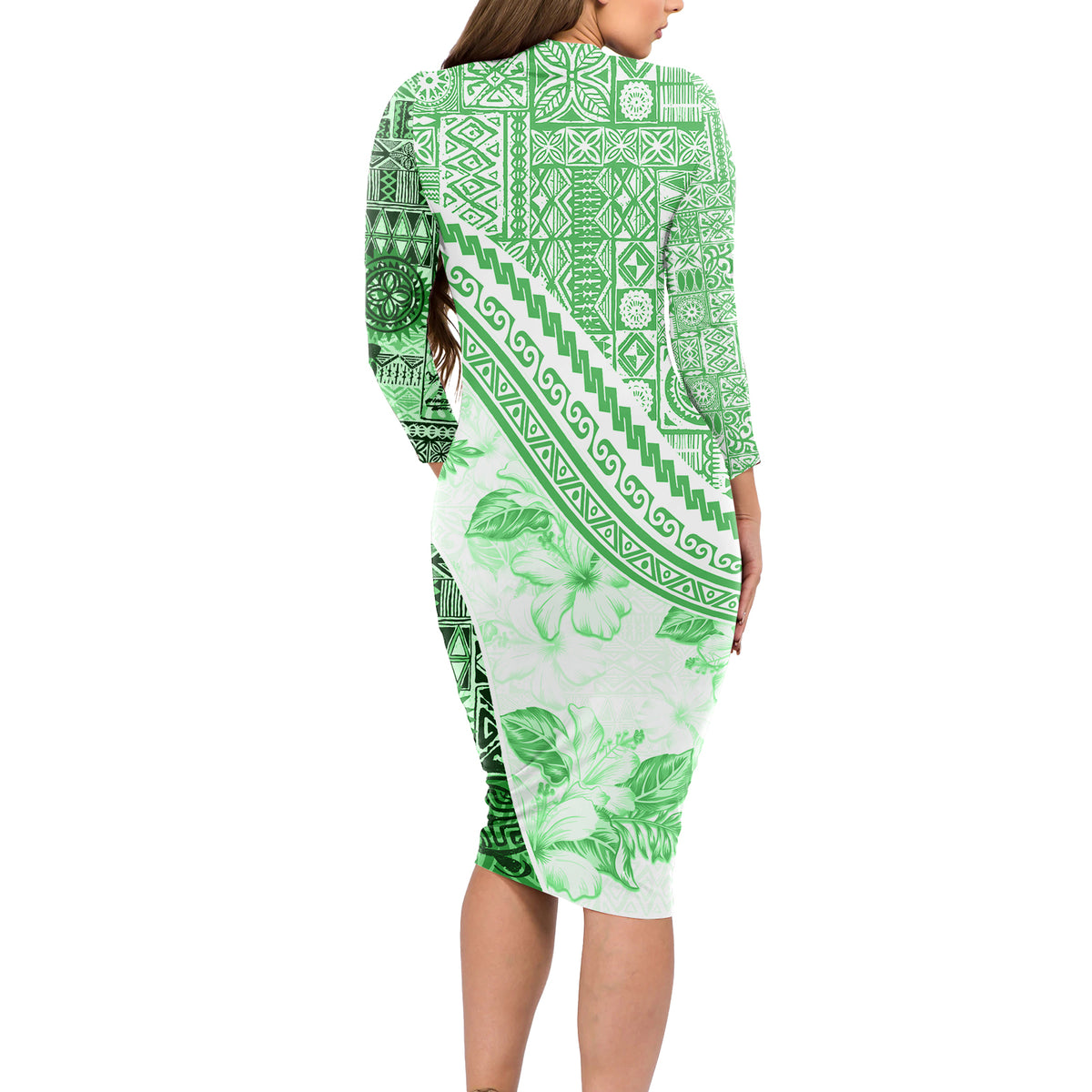 Hawaiian Tapa Long Sleeve Bodycon Dress Traditional Vintage Pattern Green LT05 - Polynesian Pride