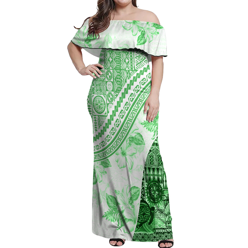 Hawaiian Tapa Off Shoulder Maxi Dress Traditional Vintage Pattern Green LT05 Women Green - Polynesian Pride