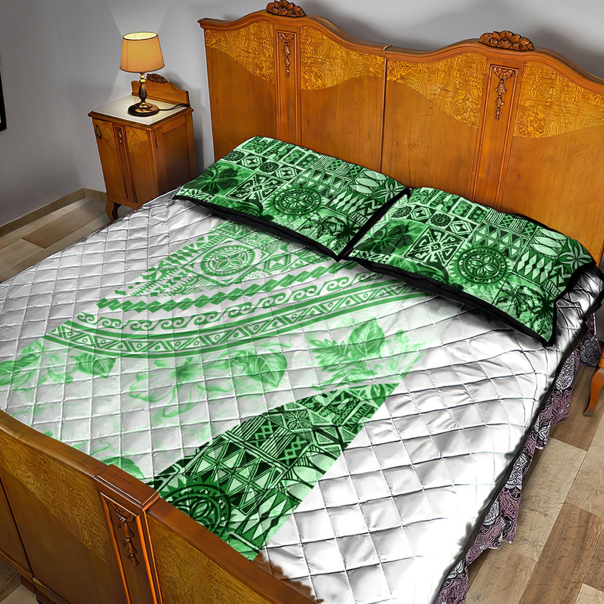 Hawaiian Tapa Quilt Bed Set Traditional Vintage Pattern Green LT05 - Polynesian Pride