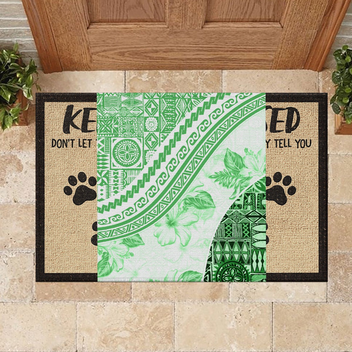 Hawaiian Tapa Rubber Doormat Traditional Vintage Pattern Green LT05 - Polynesian Pride