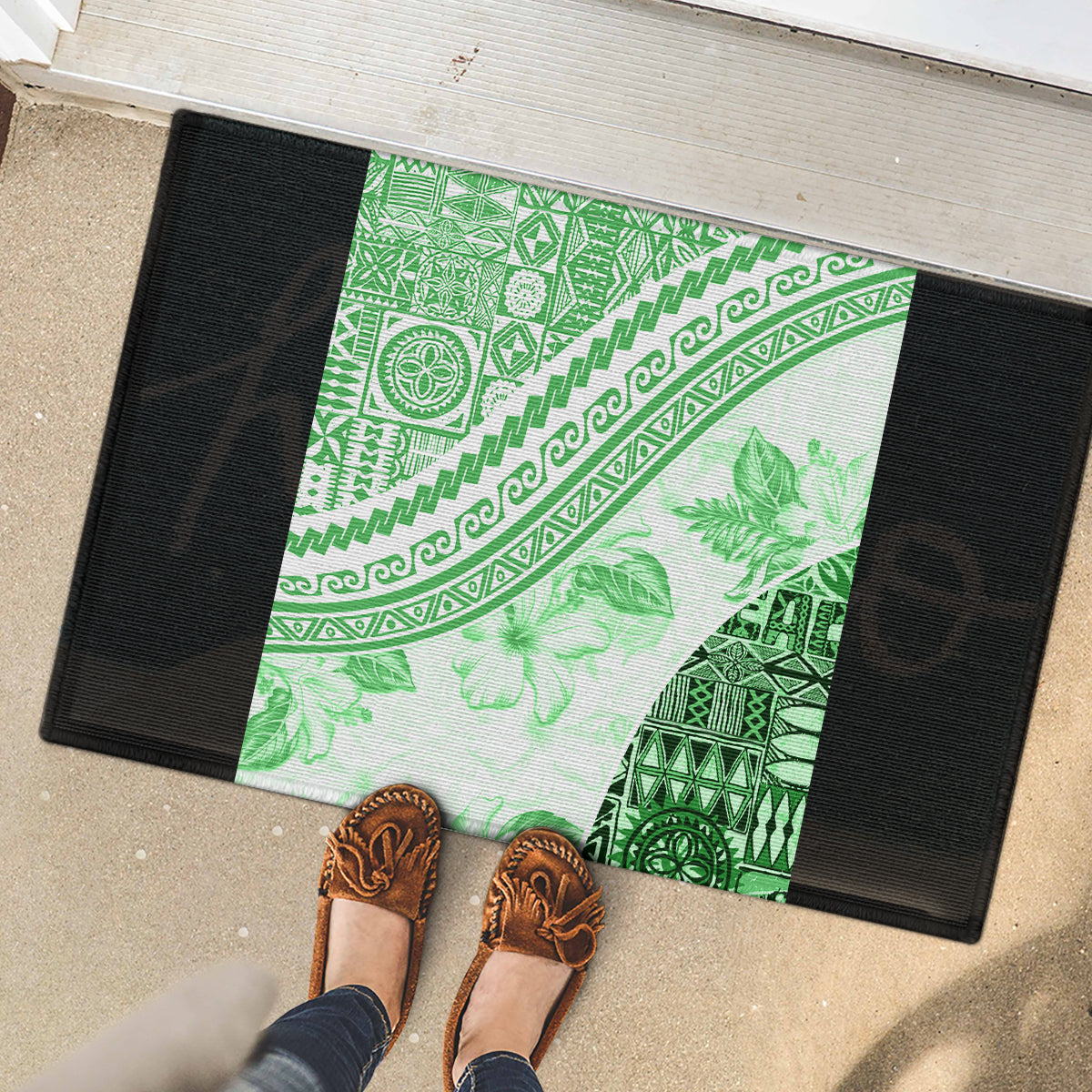 Hawaiian Tapa Rubber Doormat Traditional Vintage Pattern Green LT05 - Polynesian Pride