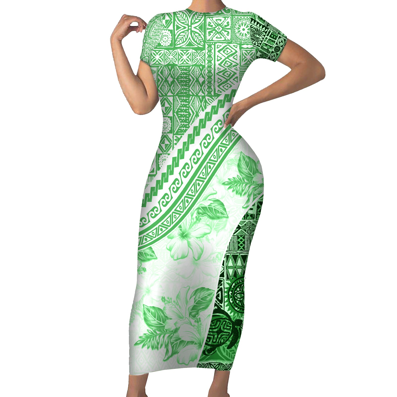 Hawaiian Tapa Short Sleeve Bodycon Dress Traditional Vintage Pattern Green LT05 Long Dress Green - Polynesian Pride
