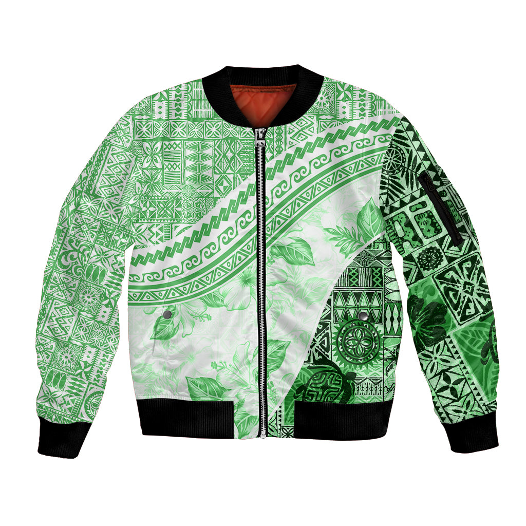Hawaiian Tapa Sleeve Zip Bomber Jacket Traditional Vintage Pattern Green LT05 Unisex Green - Polynesian Pride